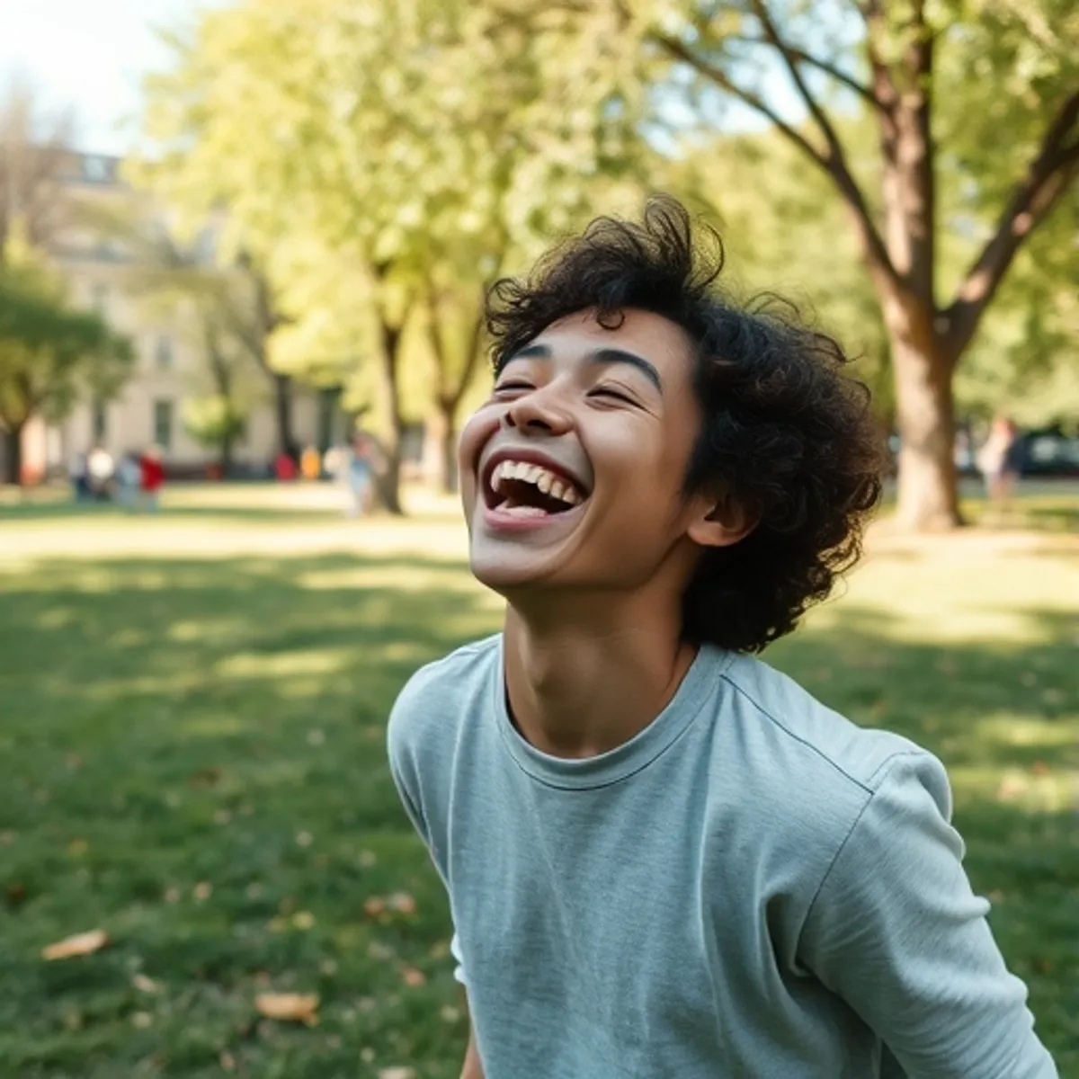 A person laughing and playing in a park